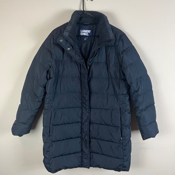 Lands end Womens Down Feather Puffer Jacket Sz Large Navy Blue Zip Button - Picture 1 of 8